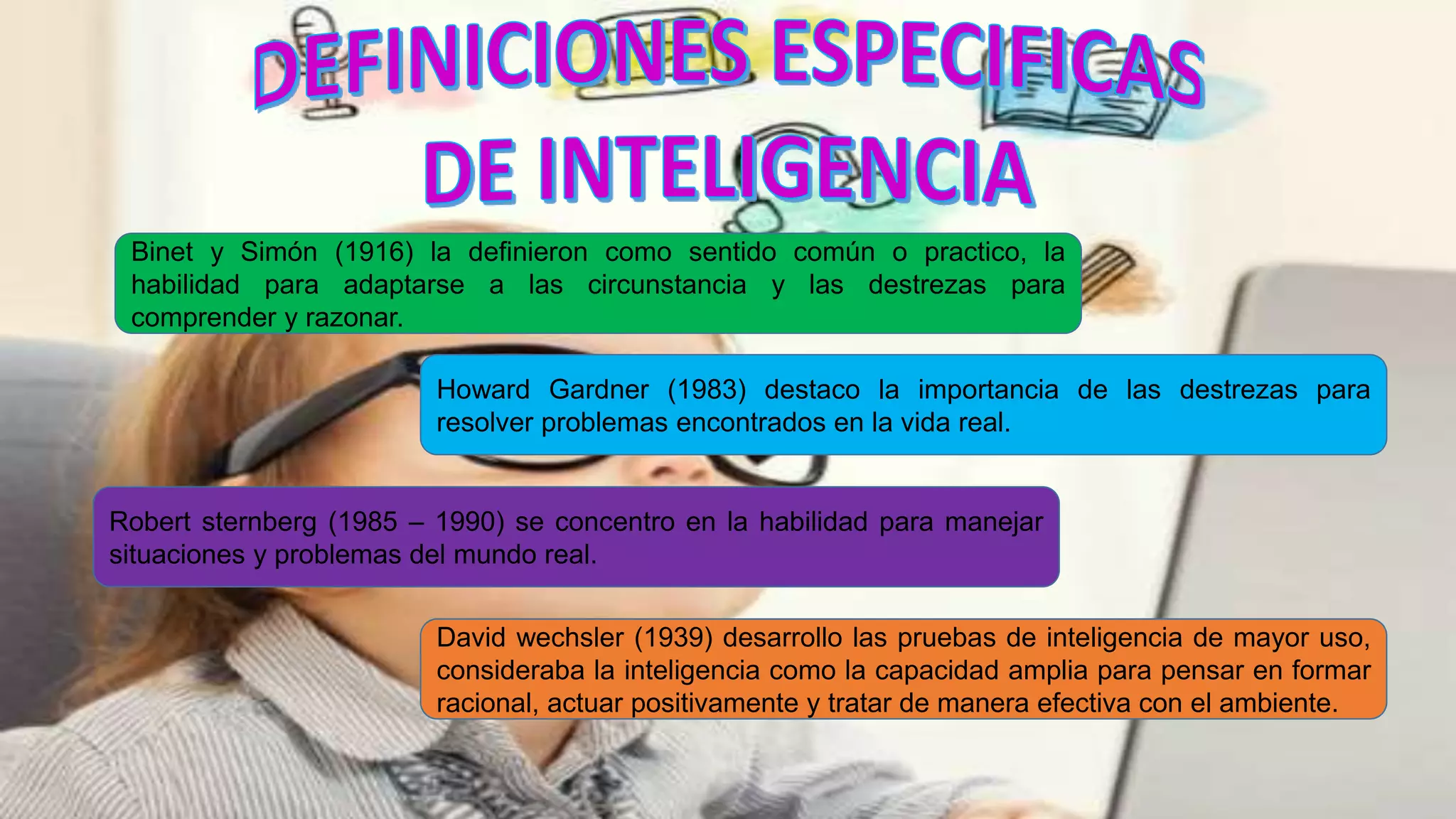 Binet y Simón (1916) la definieron como sentido común o practico, la
habilidad para adaptarse a las circunstancia y las destrezas para
comprender y razonar.
Howard Gardner (1983) destaco la importancia de las destrezas para
resolver problemas encontrados en la vida real.
Robert sternberg (1985 – 1990) se concentro en la habilidad para manejar
situaciones y problemas del mundo real.
David wechsler (1939) desarrollo las pruebas de inteligencia de mayor uso,
consideraba la inteligencia como la capacidad amplia para pensar en formar
racional, actuar positivamente y tratar de manera efectiva con el ambiente.
 