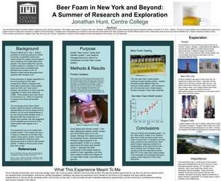 Beer Foam in New York and Beyond:
                                                                                       A Summer of Research and Exploration
                                                                                                Jonathan Hunt, Centre College
                                                                                                                                                                 Abstract
This enrichment project combined research experience and cultural exploration. Nine weeks were spent in Geneva, New York. Research was done at the Cornell University Agricultural Experiment Station in the lab of Dr. Karl J. Siebert. The focus of said research was evaluating and improving a
system meant to model beer’s behavior in regards to foam production. Variables were manipulated and corrected to reconcile the model system with data compiled from several different types of beer. Additionally, several short trips were undertaken as a means of exploring nearby culture.
These included excursions to: Niagara Falls, New York City, and Toronto. Exploration of culture in these locations involved samplings of local cuisine, art, and landmarks.

                                                                                                                                                                                                                                                         Exploration
                                                                                                                                                                                                                                             Toronto
                                                                                                                                                                                                                                          One weekend of my summer was spent in the city of
                                                                                                                                                                                                                                          Toronto, Ontario, Canada. I visited several art galleries,
                       Background                                                                              Purpose                                                      Beer Foam Testing
                                                                                                                                                                                                                                          such as the Art Gallery of Ontario and the Royal
                                                                                                                                                                                                                                          Ontario Museum; I explored culture-rich areas of
          Previous efforts by Dr. Karl J. Siebert,                                            Isolate “foam active” barley lipid                                                                                                          Toronto, such as the infamous West Queen Street; and
          professor of brewing science at Cornell                                             transfer protein 1 and observe                                                                                                              I encountered world-famous landmarks, like the
          University, to generate a beer foam                                                                                                                                                                                             Canadian National Tower.
                                                                                              changes that occur when it is
          model system for quality control reasons
                                                                                              substituted into beer foam model
          were promising, but certain flaws were
          present. The most notable flaw was the                                              system.
          model’s reaction to changes in pH. while
          actual beer shows increased foam
          potential with increase in pH, Dr.
                                                                                              Methods & Results
          Siebert’s model shows decreased foam
          potential with increase in pH.                                                      Protein Isolation
                                                                                                                                                                                                                                             New York City
                                                                                              Barley (Lacey from the 2010 crop year) was ground to a flour.
          Foam production is largely dependent on                                             Approximately 4 liters of deionized water were added to the
                                                                                                                                                                            The new beer foam model system,                               Another weekend was spent in New York City. As I
          the concentrations of four beer                                                     flour and the resulting mixture was refrigerated and stirred for              utilizing the lipid transfer protein 1 isolate,               stayed with a New York native, I was able to firmly
                                                                                              two nights. The mixture was then centrifuged. The resulting                                                                                 grasp one of the many cultures within the city: I ate
          components: ethanol, isoalpha acids                                                 clear extract was subjected to 40% ammonium sulfate
                                                                                                                                                                            provided results different from the
          (hop-bitter compounds), soluble gases                                               fractionation and was then centrifuged. The resulting clear                   previous model system : with increase in                      where native New Yorkers eat, I slept where native
                                                                                              extract from this centrifugation was subjected to 75%                                                                                       New Yorkers sleep, and I walked where native New
          (such as CO2), and “foam active”                                                    ammonium sulfate fractionation and was once again
                                                                                                                                                                            pH, the new beer foam model system
                                                                                                                                                                                                                                          Yorkers walk. I exposed myself to art at the
          proteins, the existence of which was first                                          centrifuged. The resulting clear extract underwent 6500 m.w.                  showed increase in beer foam potential.
                                                                                              cutoff dialysis, and the dialyzed extract was then freeze-dried.                                                                            Metropolitan Museum and explored a sub-culture at the
          suggested by Asano and Hashimoto                                                                                                                                                                                                New York City Pride Parade.
          (1980). These proteins were later found
          by Sorenson et al. (1993) to include the                                                                                                                          New Beer Foam Model System
          Z proteins and barley lipid transfer
          protein 1.

          The net-charge of the “foam active”
          protein utilized by Siebert (ovalbumin) is
          representative of the net-charge of the Z
          proteins, but not at all representative of
          the net-charge of lipid transfer protein 1.
          Because beer foam production is a
          largely ionic process, this was suggested
          to be a potential source of error in the                                                                                                                                                                                           Niagara Falls
          model system with regards to pH                                                                                                                                                                                                 I visited Niagara Falls with my family. While there is little
                                                                                                         Dialysis cartridge with protein isolate
          change.                                                                                                                                                                                                                          culturally to partake in, Niagara Falls is likely one of the

          This experiment set out to isolate lipid
                                                                                              Once barley lipid transfer protein 1 had                                             Conclusions                                             most important physical features of our nation. Viewing
                                                                                                                                                                                                                                          the majesty of the falls is rewarding and enriching in and
                                                                                              been effectively isolated, protein assays                                                                                                                              of itself.
          transfer protein 1 from barley and use it                                                                                                                         The use of barley lipid transfer protein 1 as
                                                                                              and SDS-PAGE were run on the
          in place of ovalbumin as the beer foam                                                                                                                            the “foam-active” protein in Dr. Siebert’s
                                                                                              isolate. Although the isolate proved to
          model’s “foam-active” protein. Once this                                                                                                                          beer foam model provided results much
          was accomplished, extensive foam                                                    be somewhat impure, electrophoresis
                                                                                                                                                                            closer to actual beer in respects to pH than
          testing was done to observe lipid transfer                                          showed a large presence of an
                                                                                                                                                                            when ovalbumin was used as the “foam-
          protein 1’s effect on the accuracy of the                                           approximately 10,000 m.w. protein,
                                                                                                                                                                            active” protein. Because ovalbumin is
          beer foam model.                                                                    assumed to be barley lipid transfer                                           representative of the other known foam-
                                                                                              protein 1. Because the other                                                  active proteins (the Z proteins), these
                           References                                                         compounds in the isolate would be                                             results provide circumstantial evidence
          Asano, K. & Hashimoto, N. (1980, May). Isolation and Characterization of            present in beer regardless, and thus                                          that LTP1 is the major foam active protein.
          Foaming Proteins of Beer. The Research Laboratories of Kirin Brewery Co.,
          Ltd., Miyahara-Cho, Takasaki, Gumma Pref., 370-12 Japan                             were unlikely to affect the integrity of                                      This knowledge can potentially help future
          Sorenson, S., Bech L., Muldbjerg, M., Beenfeldt, T., & Breddam, K. (1993).          our beer foam model, impurities were                                          quality control measures of beer foam
          Barley Lipid Transfer Protein 1 is Involved in Beer Foam Formation. MBAA
          Technical Quarterly, Vol . 30, p p 136-J45, 1993                                    ignored.                                                                      production                                                                     Importance
                                                                                                                                                                                                                                         This exploration was in continuance of the cultural
                                                                                                                                                                                                                                         exploration established by the 2011 Italy trip. It was
                                                                                                                                                                                                                                         important because Geneva, NY, the sight of my
                                                                                                                                                                                                                                         research, was a very small town where much
                                                                                       What This Experience Meant To Me                                                                                                                  exploration was not possible. These trips were
                                                                                                                                                                                                                                         valuable in the same way that the Italy trip was
   As an intended biochemistry and molecular biology major with a strong career interest in the food science field, this was the perfect opportunity for me. Not only did this research teach
   me valuable skills (centrifugation, ammonium sulfate precipitation, pipetting) and gave me experience much needed for the future of my research and food science career                                                               valuable: although not directly related to academic or
                                                                                                                                                                                                                                         career interests, exploration of a foreign area’s culture
   (independence in the lab will be necessary when I am running my own lab), it also provided me with invaluable networking opportunities (Cornell University is considered the leading
                                                                                                                                                                                                                                         is always very enlightening.
   food science institute in the nation).
 