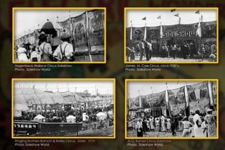 Ringling Brothers Barnum & Bailey Circus. Date: 1919.
Photo: Sideshow World
Hagenbeck Wallace Circus Sideshow.
Photo: Sideshow World.
James. M. Cole Circus, circa 1930’s.
Photo: Sideshow World
Al G. Barnes Circus Sideshow.
Photo: Sideshow World.
 