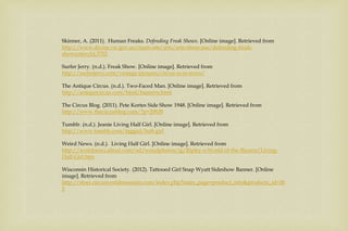 Skinner, A. (2011). Human Freaks. Defending Freak Shows. [Online image]. Retrieved from
http://www.divine.vic.gov.au/main-site/arts/arts-showcase/defending-freak-
shows;storyId,3702
Surfer Jerry. (n.d.). Freak Show. [Online image]. Retrieved from
http://surferjerry.com/vintage-pictures/circus-is-in-town/
The Antique Circus. (n.d.). Two-Faced Man. [Online image]. Retrieved from
http://antiquecircus.com/html/banners.html
The Circus Blog. (2011). Pete Kortes Side Show 1948. [Online image]. Retrieved from
http://www.thecircusblog.com/?p=20828
Tumblr. (n.d.). Jeanie Living Half Girl. [Online image]. Retrieved from
http://www.tumblr.com/tagged/half-girl
Weird News. (n.d.). Living Half Girl. [Online image]. Retrieved from
http://weirdnews.about.com/od/weirdphotos/ig/Ripley-s-World-of-the-Bizarre/Living-
Half-Girl.htm
Wisconsin Historical Society. (2012). Tattooed Girl Snap Wyatt Sideshow Banner. [Online
image]. Retrieved from
http://store.circusworldmuseum.com/index.php?main_page=product_info&products_id=28
2
 