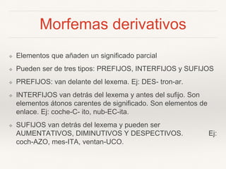 Morfemas derivativos 
❖ Elementos que añaden un significado parcial 
❖ Pueden ser de tres tipos: PREFIJOS, INTERFIJOS y SUFIJOS 
❖ PREFIJOS: van delante del lexema. Ej: DES- tron-ar. 
❖ INTERFIJOS van detrás del lexema y antes del sufijo. Son 
elementos átonos carentes de significado. Son elementos de 
enlace. Ej: coche-C- ito, nub-EC-ita. 
❖ SUFIJOS van detrás del lexema y pueden ser 
AUMENTATIVOS, DIMINUTIVOS Y DESPECTIVOS. Ej: 
coch-AZO, mes-ITA, ventan-UCO. 
 