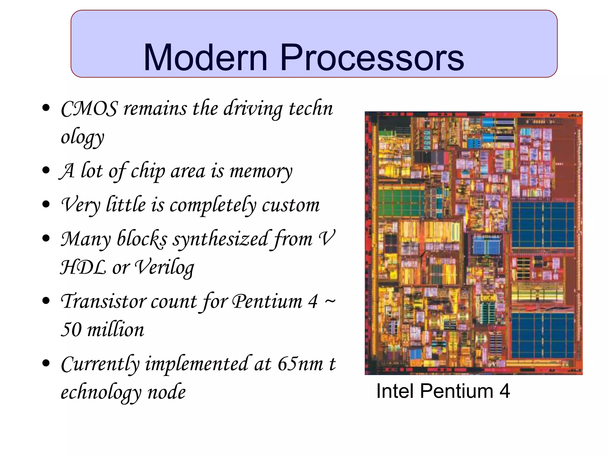 • CMOS remains the driving techn
ology
• A lot of chip area is memory
• Very little is completely custom
• Many blocks synthesized from V
HDL or Verilog
• Transistor count for Pentium 4 ~
50 million
• Currently implemented at 65nm t
echnology node
Modern Processors
Intel Pentium 4
 