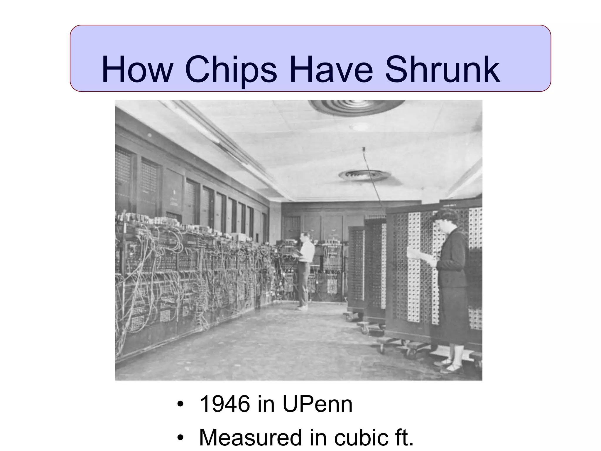 How Chips Have Shrunk
• 1946 in UPenn
• Measured in cubic ft.
 
