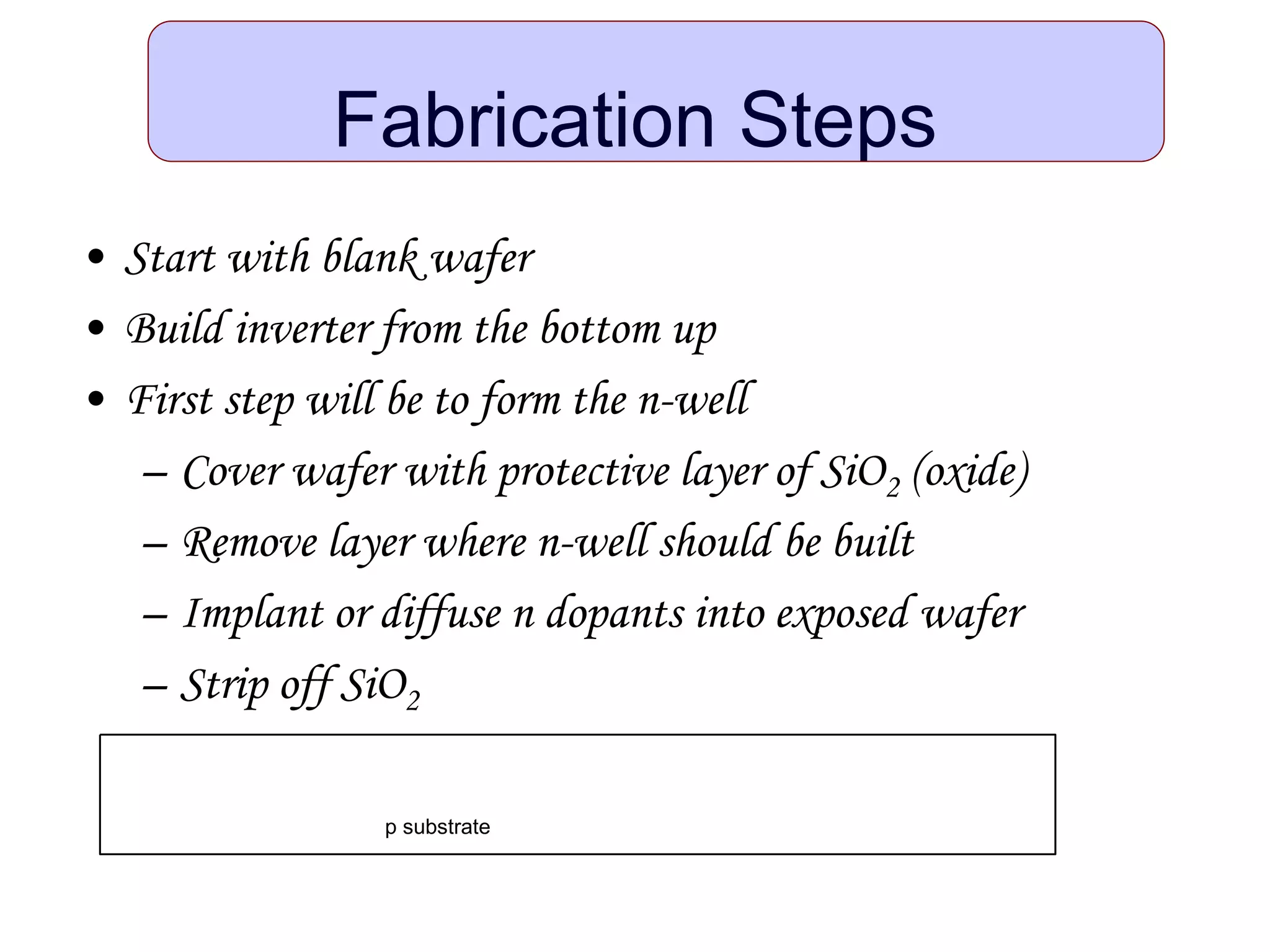 Fabrication Steps
• Start with blank wafer
• Build inverter from the bottom up
• First step will be to form the n-well
– Cover wafer with protective layer of SiO2 (oxide)
– Remove layer where n-well should be built
– Implant or diffuse n dopants into exposed wafer
– Strip off SiO2
p substrate
 