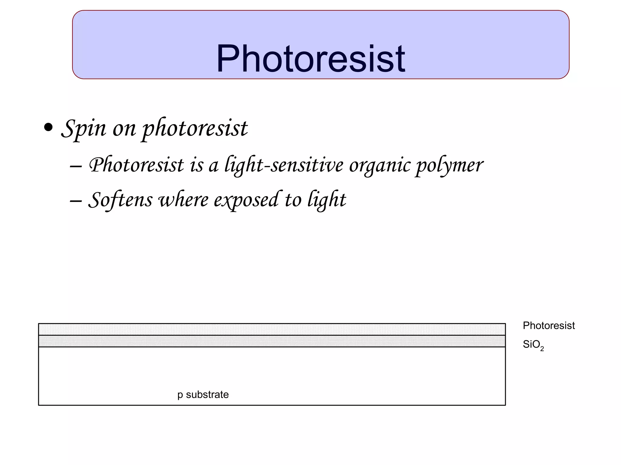 Photoresist
• Spin on photoresist
– Photoresist is a light-sensitive organic polymer
– Softens where exposed to light
p substrate
SiO2
Photoresist
 