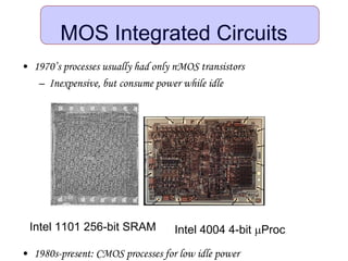 • 1970’s processes usually had only nMOS transistors
– Inexpensive, but consume power while idle
• 1980s-present: CMOS processes for low idle power
MOS Integrated Circuits
Intel 1101 256-bit SRAM Intel 4004 4-bit mProc
 