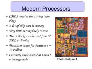• CMOS remains the driving techn
ology
• A lot of chip area is memory
• Very little is completely custom
• Many blocks synthesized from V
HDL or Verilog
• Transistor count for Pentium 4 ~
50 million
• Currently implemented at 65nm t
echnology node
Modern Processors
Intel Pentium 4
 
