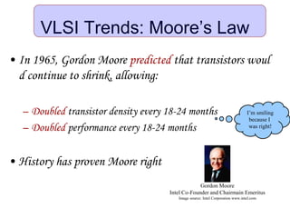 VLSI Trends: Moore’s Law
• In 1965, Gordon Moore predicted that transistors woul
d continue to shrink, allowing:
– Doubled transistor density every 18-24 months
– Doubled performance every 18-24 months
• History has proven Moore right
I’m smiling
because I
was right!
Gordon Moore
Intel Co-Founder and Chairmain Emeritus
Image source: Intel Corporation www.intel.com
 