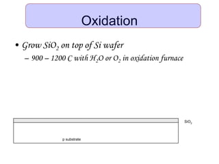 Oxidation
• Grow SiO2 on top of Si wafer
– 900 – 1200 C with H2O or O2 in oxidation furnace
p substrate
SiO2
 