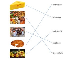 un gâteau
un croissant
les fruits (f)
la nourriture
le fromage
 