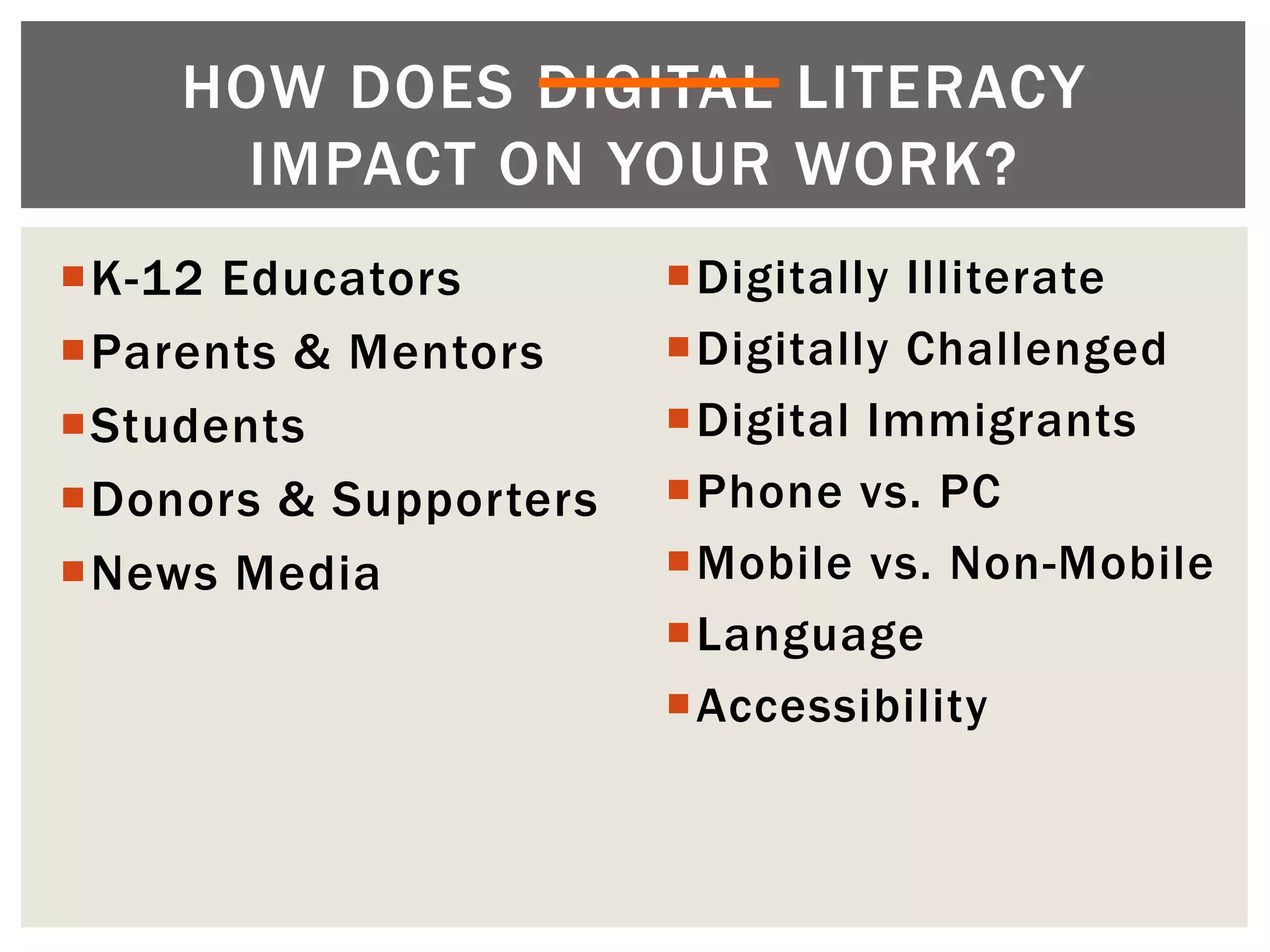 HOW DOES DIGITAL LITERACY
      IMPACT ON YOUR WORK?
K-12 Educators        Digitally Illiterate
Parents & Mentors     Digitally Challenged
Students              Digital Immigrants
Donors & Supporters   Phone vs. PC
News Media            Mobile vs. Non-Mobile
                       Language
                       Accessibility
 