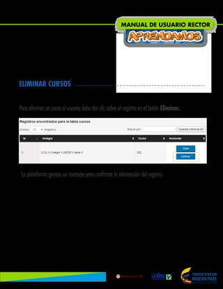 ELIMINAR CURSOS
Para eliminar un curso el usuario debe dar clic sobre el registro en el botón Eliminar.
La plataforma genera un mensaje para confirmar la eliminación del registro.
MANUAL DE USUARIO RECTOR
Lib
ertad
y
O r
d
e n
 