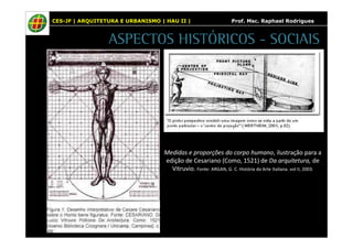 CES-JF | ARQUITETURA E URBANISMO | HAU II | Prof. Msc. Raphael Rodrigues 
ASPECTOS HISTÓRICOS - SOCIAIS 
Medidas e proporções do corpo humano, ilustração para a 
edição de Cesariano (Como, 1521) de Da arquitetura, de 
Vitruvio. Fonte: ARGAN, G. C. História da Arte Italiana. vol II, 2003. 
 