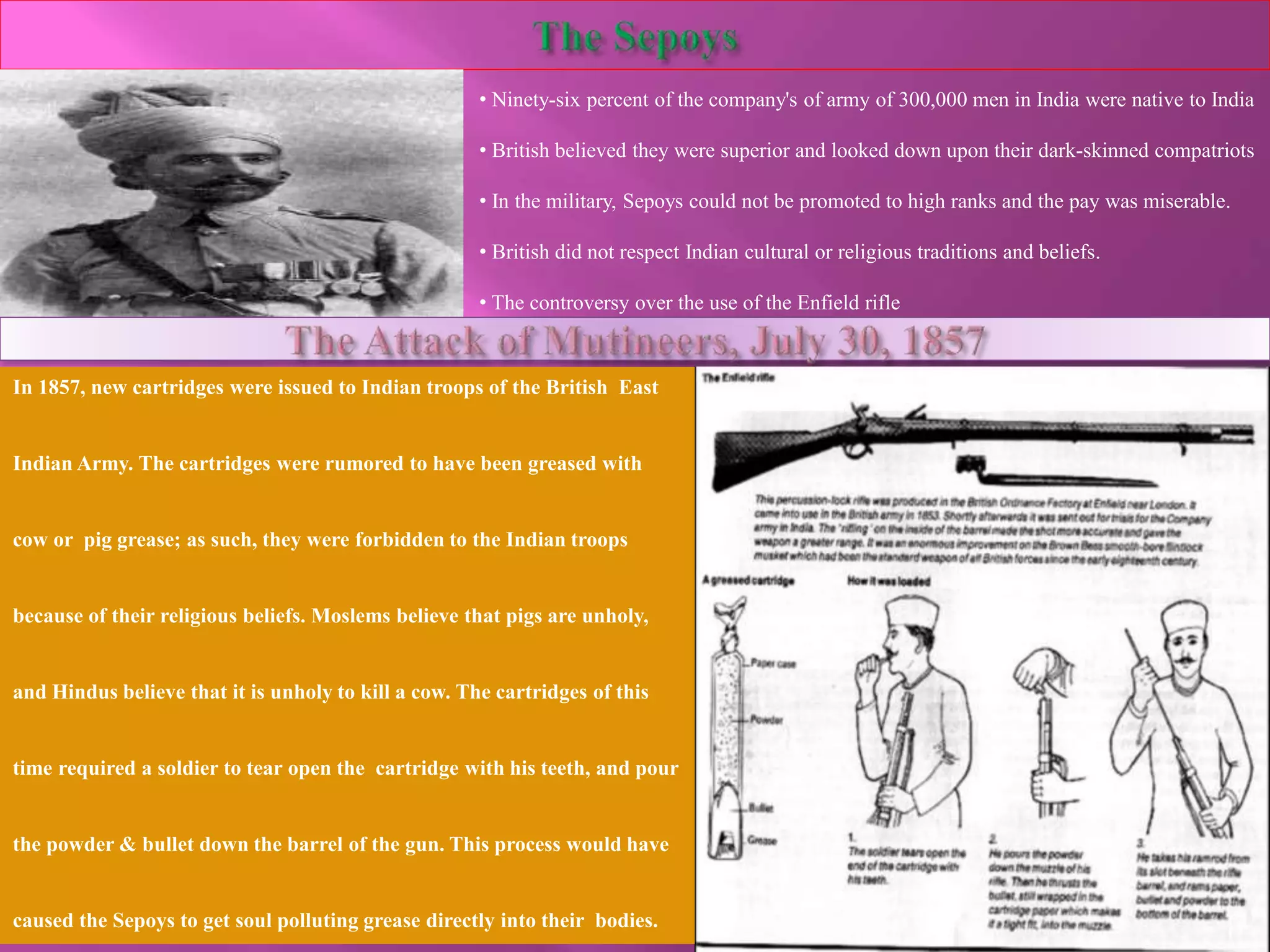 • Ninety-six percent of the company's of army of 300,000 men in India were native to India 
• British believed they were superior and looked down upon their dark-skinned compatriots 
• In the military, Sepoys could not be promoted to high ranks and the pay was miserable. 
• British did not respect Indian cultural or religious traditions and beliefs. 
• The controversy over the use of the Enfield rifle 
In 1857, new cartridges were issued to Indian troops of the British East 
Indian Army. The cartridges were rumored to have been greased with 
cow or pig grease; as such, they were forbidden to the Indian troops 
because of their religious beliefs. Moslems believe that pigs are unholy, 
and Hindus believe that it is unholy to kill a cow. The cartridges of this 
time required a soldier to tear open the cartridge with his teeth, and pour 
the powder & bullet down the barrel of the gun. This process would have 
caused the Sepoys to get soul polluting grease directly into their bodies. 
 