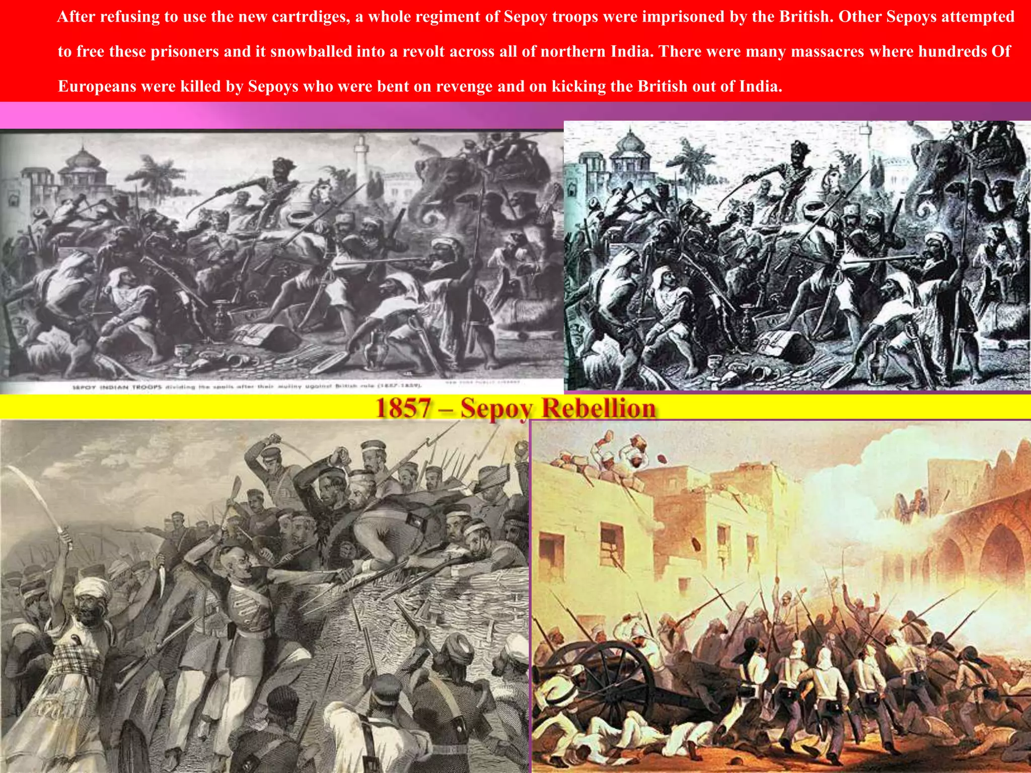 After refusing to use the new cartrdiges, a whole regiment of Sepoy troops were imprisoned by the British. Other Sepoys attempted 
to free these prisoners and it snowballed into a revolt across all of northern India. There were many massacres where hundreds Of 
Europeans were killed by Sepoys who were bent on revenge and on kicking the British out of India. 
 