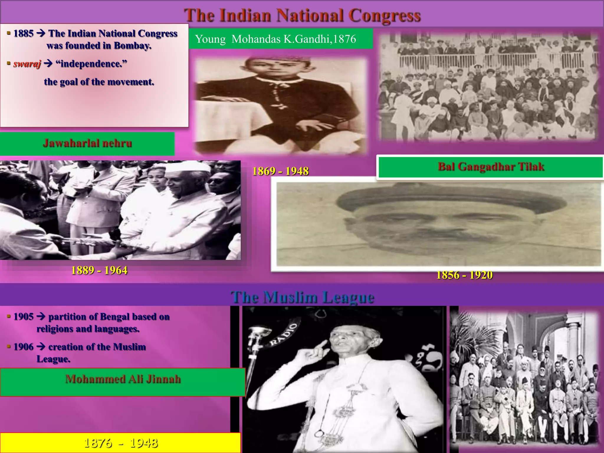  1885  The Indian National Congress 
was founded in Bombay. 
 swaraj  “independence.” 
the goal of the movement. 
 1905  partition of Bengal based on 
religions and languages. 
 1906  creation of the Muslim 
League. 
1876 - 1948 
Young Mohandas K.Gandhi,1876 
1869 - 1948 
1889 - 1964 1856 - 1920 
 