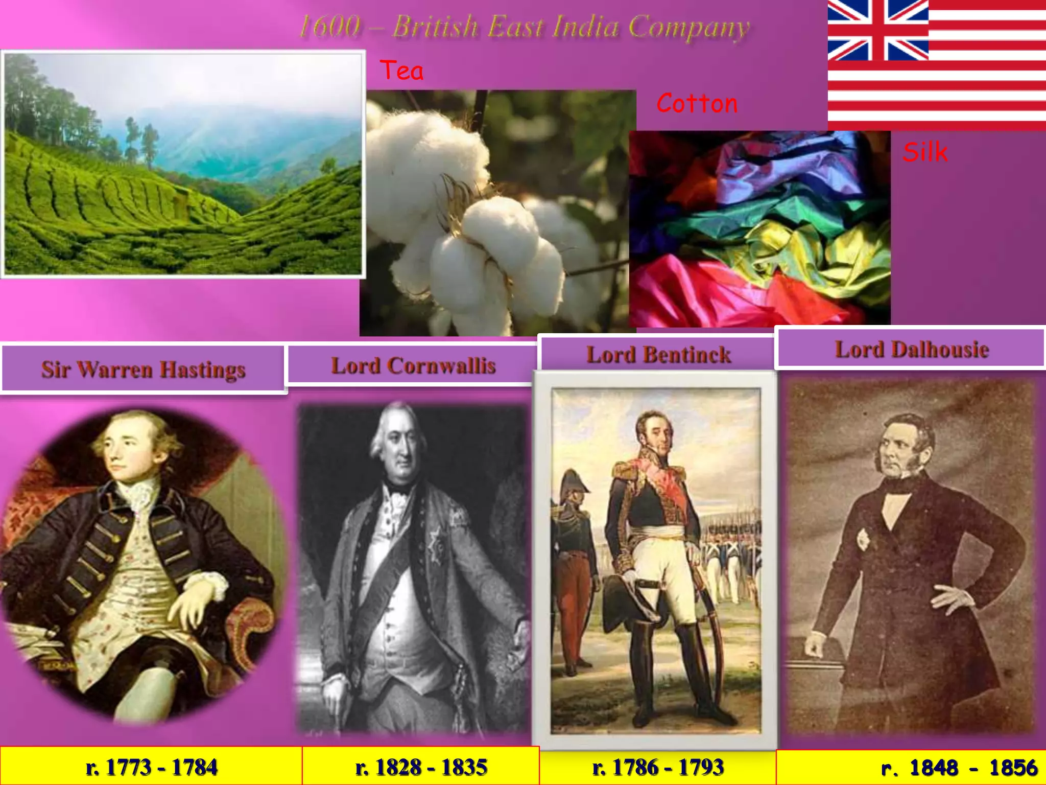 Cotton 
Silk 
Tea 
r. 1773 - 1784 r. 1828 - 1835 r. 1786 - 1793 r. 1848 - 1856 
 