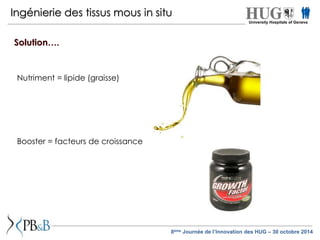 Ingénierie des tissus mous in situ 
Solution…. 
Nutriment = lipide (graisse) 
Booster = facteurs de croissance 
University Hospitals of Geneva 
8ème Journée de l’Innovation des HUG – 30 octobre 2014 
 