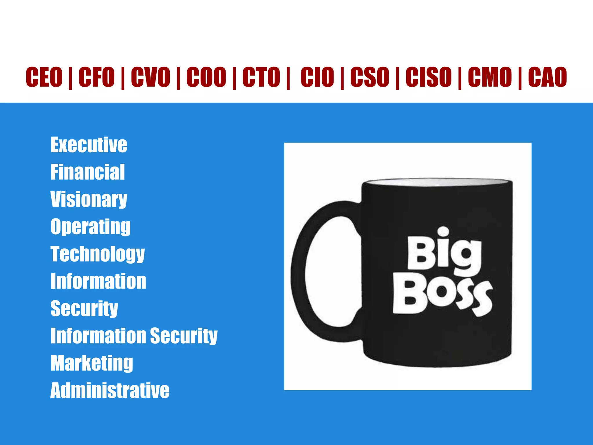 Executive
Financial
Visionary
Operating
Technology
Information
Security
Information Security
Marketing
Administrative
CEO | CFO | CVO | COO | CTO | CIO | CSO | CISO | CMO | CAO
 