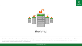 © 2015 Cumulus Networks. Cumulus Networks, the Cumulus Networks Logo, and Cumulus Linux are trademarks or registered trademarks of Cumulus Networks, Inc. or its affiliates in
the U.S. and other countries. Other names may be trademarks of their respective owners. The registered trademark Linux® is used pursuant to a sublicense from LMI, the exclusive
licensee of Linus Torvalds, owner of the mark on a world-wide basis.
ThankYou!
cumulusnetworks.com
 