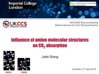 Influence of amine molecular structures
on CO2 absorption
Jiafei Zhang
Cranfield, 21th April 2015
UKCCSRC Biannual Meeting
Material Science for CCS Technical Session
DMAEDMCA
 