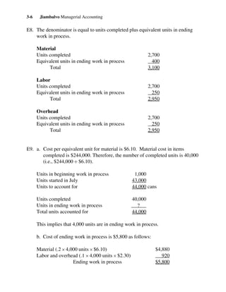 Jiambalvo Managerial Accounting3-6
E8. The denominator is equal to units completed plus equivalent units in ending
work in process.
Material
Units completed 2,700
Equivalent units in ending work in process 400
Total 3,100
Labor
Units completed 2,700
Equivalent units in ending work in process 250
Total 2,950
Overhead
Units completed 2,700
Equivalent units in ending work in process 250
Total 2,950
E9. a. Cost per equivalent unit for material is $6.10. Material cost in items
completed is $244,000. Therefore, the number of completed units is 40,000
(i.e., $244,000 ÷ $6.10).
Units in beginning work in process 1,000
Units started in July 43,000
Units to account for 44,000 cans
Units completed 40,000
Units in ending work in process ?
Total units accounted for 44,000
This implies that 4,000 units are in ending work in process.
b. Cost of ending work in process is $5,800 as follows:
Material (.2 × 4,000 units × $6.10) $4,880
Labor and overhead (.1 × 4,000 units × $2.30) 920
Ending work in process $5,800
 