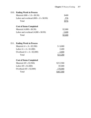 Chapter 3 Process Costing 3-7
E10. Ending Work in Process
Material (800 × 1.0 × $0.50) $400
Labor and overhead (800 × .8 × $0.90) 576
Total $976
Cost of Items Completed
Material (4,000 × $0.50) $2,000
Labor and overhead (4,000 × $0.90) 3,600
Total $5,600
E11. Ending Work in Process
Material (4 × .8 × $2,500) $ 8,000
Labor (4 × .6 × $1,000) 2,400
Overhead (4 × .6 × $2,000) 4,800
Total $15,200
Cost of Items Completed
Material (85 × $2,500) $212,500
Labor (85 × $1,000) 85,000
Overhead (85 × $2,000) 170,000
Total $467,500
 