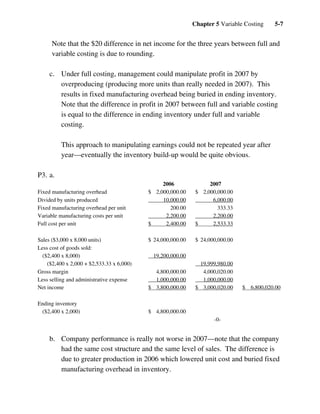 Chapter 5 Variable Costing 5-7
Note that the $20 difference in net income for the three years between full and
variable costing is due to rounding.
c. Under full costing, management could manipulate profit in 2007 by
overproducing (producing more units than really needed in 2007). This
results in fixed manufacturing overhead being buried in ending inventory.
Note that the difference in profit in 2007 between full and variable costing
is equal to the difference in ending inventory under full and variable
costing.
This approach to manipulating earnings could not be repeated year after
year—eventually the inventory build-up would be quite obvious.
P3. a.
2006 2007
Fixed manufacturing overhead $ 2,000,000.00 $ 2,000,000.00
Divided by units produced 10,000.00 6,000.00
Fixed manufacturing overhead per unit 200.00 333.33
Variable manufacturing costs per unit 2,200.00 2,200.00
Full cost per unit $ 2,400.00 $ 2,533.33
Sales ($3,000 x 8,000 units) $ 24,000,000.00 $ 24,000,000.00
Less cost of goods sold:
($2,400 x 8,000) 19,200,000.00
($2,400 x 2,000 + $2,533.33 x 6,000) 19,999,980.00
Gross margin 4,800,000.00 4,000,020.00
Less selling and administrative expense 1,000,000.00 1,000,000.00
Net income $ 3,800,000.00 $ 3,000,020.00 $ 6,800,020.00
Ending inventory
($2,400 x 2,000) $ 4,800,000.00
-0-
b. Company performance is really not worse in 2007—note that the company
had the same cost structure and the same level of sales. The difference is
due to greater production in 2006 which lowered unit cost and buried fixed
manufacturing overhead in inventory.
 