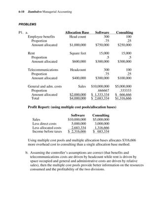 Jiambalvo Managerial Accounting6-10
PROBLEMS
P1. a. Allocation Base Software Consulting
Employee benefits Head count 300 100
Proportion .75 .25
Amount allocated $1,000,000 $750,000 $250,000
Rent Square feet 15,000 15,000
Proportion .5 .5
Amount allocated $600,000 $300,000 $300,000
Telecommunications Headcount 300 100
Proportion .75 .25
Amount allocated $400,000 $300,000 $100,000
General and adm. costs Sales $10,000,000 $5,000,000
Proportion .666667 .333333
Amount allocated $2,000,000 $ 1,333,334 $ 666,666
Total $4,000,000 $ 2,683,334 $1,316,666
Profit Report: (using multiple cost pools/allocation bases)
Software Consulting
Sales $10,000,000 $5,000,000
Less direct costs 5,000,000 3,000,000
Less allocated costs 2,683,334 1,316,666
Income before taxes $ 2,316,666 $ 683,334
Using multiple cost pools and multiple allocation bases allocates $316,666
more overhead cost to consulting than a single allocation base method.
b. Assuming the controller’s assumptions are correct (that benefits and
telecommunications costs are driven by headcount while rent is driven by
space occupied and general and administrative costs are driven by relative
sales), then the multiple cost pools provide better information on the resources
consumed and the profitability of the two divisions.
 