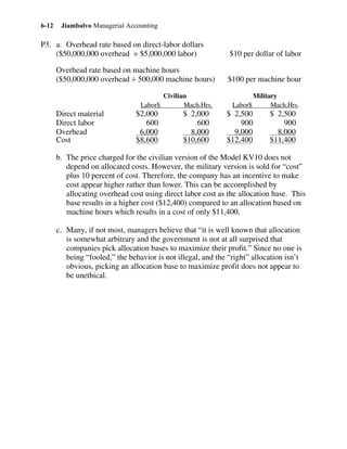 Jiambalvo Managerial Accounting6-12
P3. a. Overhead rate based on direct-labor dollars
($50,000,000 overhead ÷ $5,000,000 labor) $10 per dollar of labor
Overhead rate based on machine hours
($50,000,000 overhead ÷ 500,000 machine hours) $100 per machine hour
Civilian Military
Labor$ Mach.Hrs. Labor$ Mach.Hrs.
Direct material $2,000 $ 2,000 $ 2,500 $ 2,500
Direct labor 600 600 900 900
Overhead 6,000 8,000 9,000 8,000
Cost $8,600 $10,600 $12,400 $11,400
b. The price charged for the civilian version of the Model KV10 does not
depend on allocated costs. However, the military version is sold for “cost”
plus 10 percent of cost. Therefore, the company has an incentive to make
cost appear higher rather than lower. This can be accomplished by
allocating overhead cost using direct labor cost as the allocation base. This
base results in a higher cost ($12,400) compared to an allocation based on
machine hours which results in a cost of only $11,400.
c. Many, if not most, managers believe that “it is well known that allocation
is somewhat arbitrary and the government is not at all surprised that
companies pick allocation bases to maximize their profit.” Since no one is
being “fooled,” the behavior is not illegal, and the “right” allocation isn’t
obvious, picking an allocation base to maximize profit does not appear to
be unethical.
 