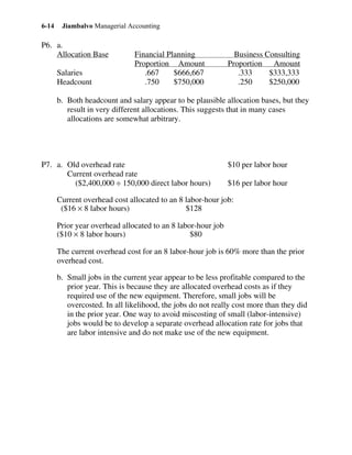 Jiambalvo Managerial Accounting6-14
P6. a.
Allocation Base Financial Planning Business Consulting
Proportion Amount Proportion Amount
Salaries .667 $666,667 .333 $333,333
Headcount .750 $750,000 .250 $250,000
b. Both headcount and salary appear to be plausible allocation bases, but they
result in very different allocations. This suggests that in many cases
allocations are somewhat arbitrary.
P7. a. Old overhead rate $10 per labor hour
Current overhead rate
($2,400,000 ÷ 150,000 direct labor hours) $16 per labor hour
Current overhead cost allocated to an 8 labor-hour job:
($16 × 8 labor hours) $128
Prior year overhead allocated to an 8 labor-hour job
($10 × 8 labor hours) $80
The current overhead cost for an 8 labor-hour job is 60% more than the prior
overhead cost.
b. Small jobs in the current year appear to be less profitable compared to the
prior year. This is because they are allocated overhead costs as if they
required use of the new equipment. Therefore, small jobs will be
overcosted. In all likelihood, the jobs do not really cost more than they did
in the prior year. One way to avoid miscosting of small (labor-intensive)
jobs would be to develop a separate overhead allocation rate for jobs that
are labor intensive and do not make use of the new equipment.
 