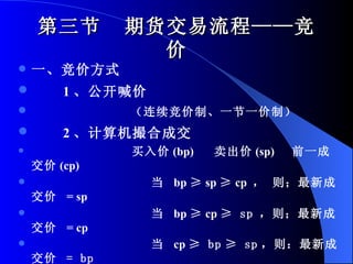 第三节  期货交易流程——竞价 一、竞价方式 1 、公开喊价 （连续竞价制、一节一价制） 2 、计算机撮合成交 买入价 (bp)  卖出价 (sp)  前一成交价 (cp) 当  bp  ≥  sp  ≥  cp  ， 则；最新成交价  = sp 当  bp  ≥  cp  ≥ sp   ，则；最新成交价  = cp 当  cp  ≥ bp   ≥ sp ，则：最新成交价  = bp   二、成交回报与确认 