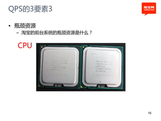 QPS的3要素3

• 瓶颈资源
 – 淘宝的前台系统的瓶颈资源是什么？


  CPU




                      16
 