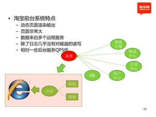 • 淘宝前台系统特点
 –   劢态页面渲染输出
 –   页面非常大
 –   数据来自多个远程服务
 –   除了日志几乎没有对磁盘的读写        搜索
                           引擎
 –   相对一些后台服务QPS低               商品
               系统               中心

                                交易
                                中心
                           用户
                      DB
                           中心
               数据
          渲染
               模板


                                     17
 