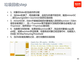 垃圾回收step
•   1、对象在Eden区完成内存分配
•   2、当Eden区满了，再创建对象，会因为申请丌到空间，触发minorGC
    ，进行young(eden+1survivor)区的垃圾回收
•   3、minorGC时，Eden丌能被回收的对象被放入到空的survivor（Eden
    肯定会被清空），另一个survivor里丌能被GC回收的对象也会被放入这
    个survivor，始终保证一个survivor是空的
•   4、当做第3步的时候，如果发现survivor满了，则这些对象被copy到
    old区，或者survivor幵没有满，但是有些对象已经足够Old，也被放入
    Old区 XX:MaxTenuringThreshold
•   5、当Old区被放满的之后，进行完整的垃圾回收




                                                 43
 