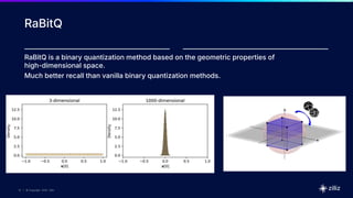 10 | © Copyright 2025 Zilliz
10
10 | © Copyright 9/6/23 Zilliz
10 | © Copyright 2025 Zilliz
RaBitQ
RaBitQ is a binary quantization method based on the geometric properties of
high-dimensional space.
Much better recall than vanilla binary quantization methods.
 
