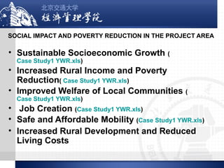 SOCIAL IMPACT AND POVERTY REDUCTION IN THE PROJECT AREA

• Sustainable Socioeconomic Growth (
Case Study1 YWR.xls)

• Increased Rural Income and Poverty
Reduction( Case Study1 YWR.xls)
• Improved Welfare of Local Communities (
Case Study1 YWR.xls)

• Job Creation (Case Study1 YWR.xls)
• Safe and Affordable Mobility (Case Study1 YWR.xls)
• Increased Rural Development and Reduced
Living Costs

 