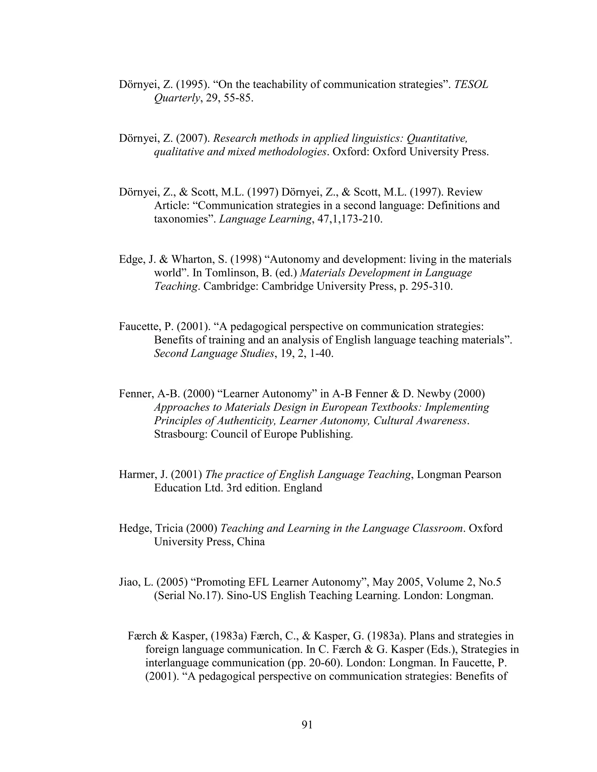 91
Dörnyei, Z. (1995). “On the teachability of communication strategies”. TESOL
Quarterly, 29, 55-85.
Dörnyei, Z. (2007). Research methods in applied linguistics: Quantitative,
qualitative and mixed methodologies. Oxford: Oxford University Press.
Dörnyei, Z., & Scott, M.L. (1997) Dörnyei, Z., & Scott, M.L. (1997). Review
Article: “Communication strategies in a second language: Definitions and
taxonomies”. Language Learning, 47,1,173-210.
Edge, J. & Wharton, S. (1998) “Autonomy and development: living in the materials
world”. In Tomlinson, B. (ed.) Materials Development in Language
Teaching. Cambridge: Cambridge University Press, p. 295-310.
Faucette, P. (2001). “A pedagogical perspective on communication strategies:
Benefits of training and an analysis of English language teaching materials”.
Second Language Studies, 19, 2, 1-40.
Fenner, A-B. (2000) “Learner Autonomy” in A-B Fenner & D. Newby (2000)
Approaches to Materials Design in European Textbooks: Implementing
Principles of Authenticity, Learner Autonomy, Cultural Awareness.
Strasbourg: Council of Europe Publishing.
Harmer, J. (2001) The practice of English Language Teaching, Longman Pearson
Education Ltd. 3rd edition. England
Hedge, Tricia (2000) Teaching and Learning in the Language Classroom. Oxford
University Press, China
Jiao, L. (2005) “Promoting EFL Learner Autonomy”, May 2005, Volume 2, No.5
(Serial No.17). Sino-US English Teaching Learning. London: Longman.
Færch & Kasper, (1983a) Færch, C., & Kasper, G. (1983a). Plans and strategies in
foreign language communication. In C. Færch & G. Kasper (Eds.), Strategies in
interlanguage communication (pp. 20-60). London: Longman. In Faucette, P.
(2001). “A pedagogical perspective on communication strategies: Benefits of
 