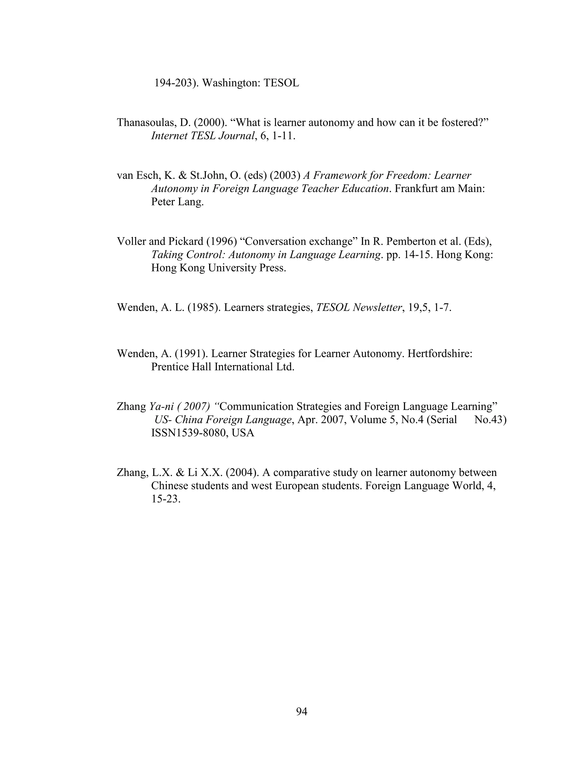 94
194-203). Washington: TESOL
Thanasoulas, D. (2000). “What is learner autonomy and how can it be fostered?”
Internet TESL Journal, 6, 1-11.
van Esch, K. & St.John, O. (eds) (2003) A Framework for Freedom: Learner
Autonomy in Foreign Language Teacher Education. Frankfurt am Main:
Peter Lang.
Voller and Pickard (1996) “Conversation exchange” In R. Pemberton et al. (Eds),
Taking Control: Autonomy in Language Learning. pp. 14-15. Hong Kong:
Hong Kong University Press.
Wenden, A. L. (1985). Learners strategies, TESOL Newsletter, 19,5, 1-7.
Wenden, A. (1991). Learner Strategies for Learner Autonomy. Hertfordshire:
Prentice Hall International Ltd.
Zhang Ya-ni ( 2007) “Communication Strategies and Foreign Language Learning”
US- China Foreign Language, Apr. 2007, Volume 5, No.4 (Serial No.43)
ISSN1539-8080, USA
Zhang, L.X. & Li X.X. (2004). A comparative study on learner autonomy between
Chinese students and west European students. Foreign Language World, 4,
15-23.
 