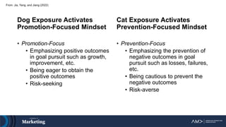 Dog Exposure Activates
Promotion-Focused Mindset
• Promotion-Focus
• Emphasizing positive outcomes
in goal pursuit such as growth,
improvement, etc.
• Being eager to obtain the
positive outcomes
• Risk-seeking
Cat Exposure Activates
Prevention-Focused Mindset
• Prevention-Focus
• Emphasizing the prevention of
negative outcomes in goal
pursuit such as losses, failures,
etc.
• Being cautious to prevent the
negative outcomes
• Risk-averse
From: Jia, Yang, and Jiang (2022)
 