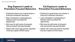 From: Jia, Yang, and Jiang (2022)
Dog Exposure Leads to
Promotion-Focused Behaviors
Cat Exposure Leads to
Prevention-Focused Behaviors
• Preferred stocks over mutual funds in
financial investment decisions
• More interested in participating in
lotteries when provided the
opportunity
• Bid more for gift cards of products
with promotion-focused benefits
• States with more dog owners reported
more per-capita COVID-cases
• Preferred mutual funds over stocks in
financial investment decisions
• Less interested in participating in
lotteries when provided the
opportunity
• Bid more for gift cards of products
with prevention-focused benefits
• States with more cat owners reported
less per-capita COVID-cases
 