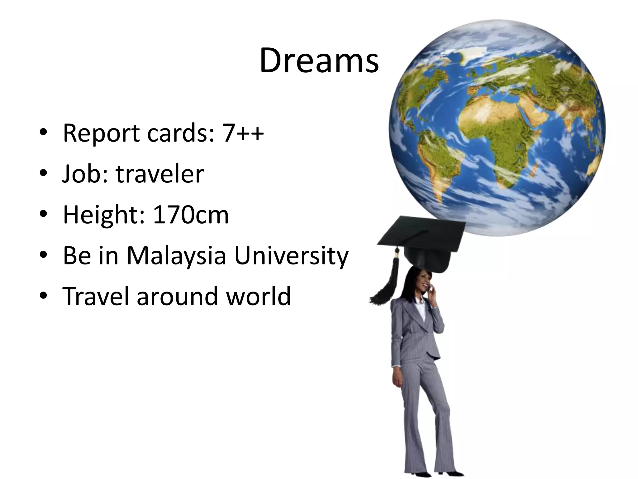 DreamsReport cards: 7++Job: travelerHeight: 170cmBe in Malaysia UniversityTravel around world