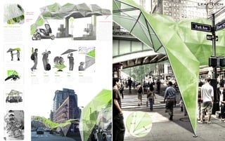 Leaf.Tech


                                                                                                                                                                In order to harvest biofuel
                                                                                                                                                                 from the algae, processing
Leaf.Tech process                                                                                                                                              stations are necessary. the
                                                                                                                                                           project proposes that existing
this project attempts to utilize                                                                                                                                gas stations should serves
                                                                                                                                                              such purposes with the pro-
the potentials of the algae biofuel
                                                                                                                                                          cessing tanks installed. The al-
through architecture, as well as by                                                                                                                        gae plant, after being exposed
mimicking the anatomy of leaf pho-                                                                                                                           to solar energy and grown to
tosynthesize. algae is transfused                                                                                                                          size, can be filtered out of the
among the triangular "leaf" pieces                                                                                                                         liquid solution at the process-
to capture solar energy, absorb car-                                                                                                                          ing stations, while new algae
                                                                                                                                                          can be injected into the system
bon dioxide, disperse oxygen, while
                                                                                                                                                                 for another growing cycle.
grow to harvest biofuel.




    Individuals can carry Leaf.Tech an
    umbrella




                                            Step 1.              Step 2.           Step 3.            Step 4.            Step 5

                                            Purchase:            Transport         Assemble           Shield             Combine
                                            The Leaf kit         The kit is de-    Connect the edge   Use the as-        The edges of each umbrella
                                            includes 3 long      signed to be      tubes to the       sembled umbrella   can be attached to edges of
                                            tubes, one equi-     lightweight and   tubes that are     to protect from    other umbrellas. This allows
                                            laterial triangle    portable in a     built-in to the    sun and rain.      the umbrellas to form a inter-
    certain portions of the Leaf.Tech       membrane with        backpack.         membrane.                             actable urban infrastructure.
    installtion can serve as shelters       built-in aluminium
                                            bars.




   with its flexibility in configuration,
   the Leaf.Tech installation can serve
   the community in many ways.




                                                                                                                                                                                                   thin perforated tubes that
                                                                                                                                                                                              collect carbon dioxide for algea
                                                                                                                                                                                                photosynthesise from the air,
                                                                                                                                                                                                 and disperse oxygen back to
                                                                                                                                                                                                              the environment




                                                                                                                                                                                                   hollow carbon fiber tubes
                                                                                                                                                                                               capable of dispersing flowing
                                                                                                                                                                                                algea liquid from one leaf to
                                                                                                                                                                                                                   the other.
 