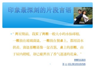 ∗ “ 星期前，我 了 一般大小的水仙球根，两 买 两颗
一 放在玻璃窗 ，一 放在餐 上，都用清水颗 边 颗 桌
供着。窗 那 像一盆青葱， 上的那 ，由边 颗还 桌 颗
于屋内稍暖，却已 出了香气迷迷的花 。经开 朵 ”
的安德烈亲爱
∗ 第 11 封信 光照亮你的路阳
 