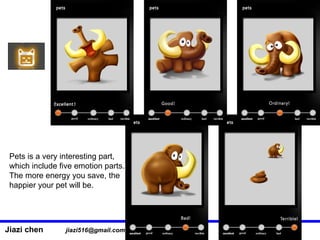 Pets is a very interesting part, which include five emotion parts. The more energy you save, the  happier your pet will be. 
