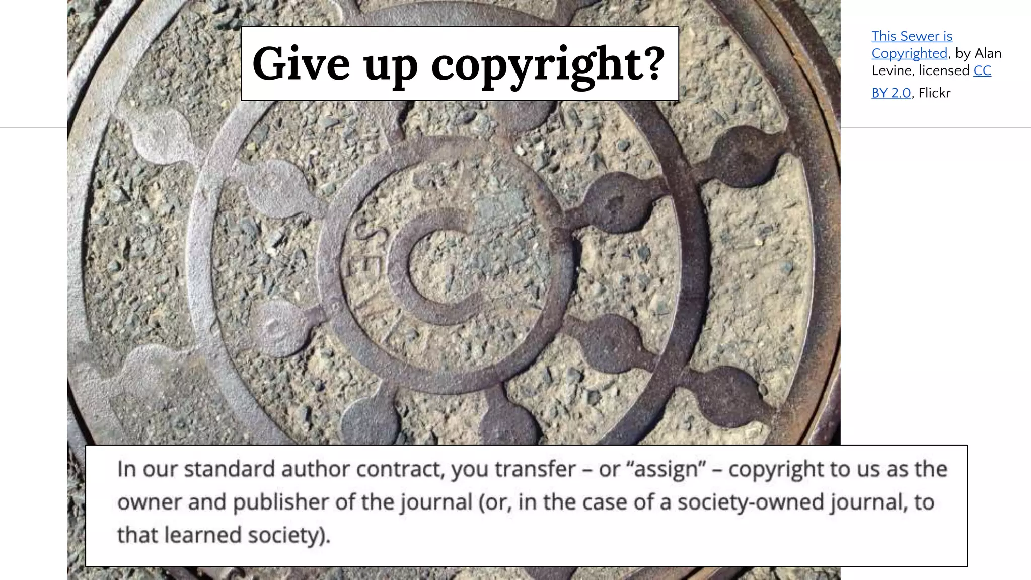 This Sewer is
Copyrighted, by Alan
Levine, licensed CC
BY 2.0, Flickr
Give up copyright?
 