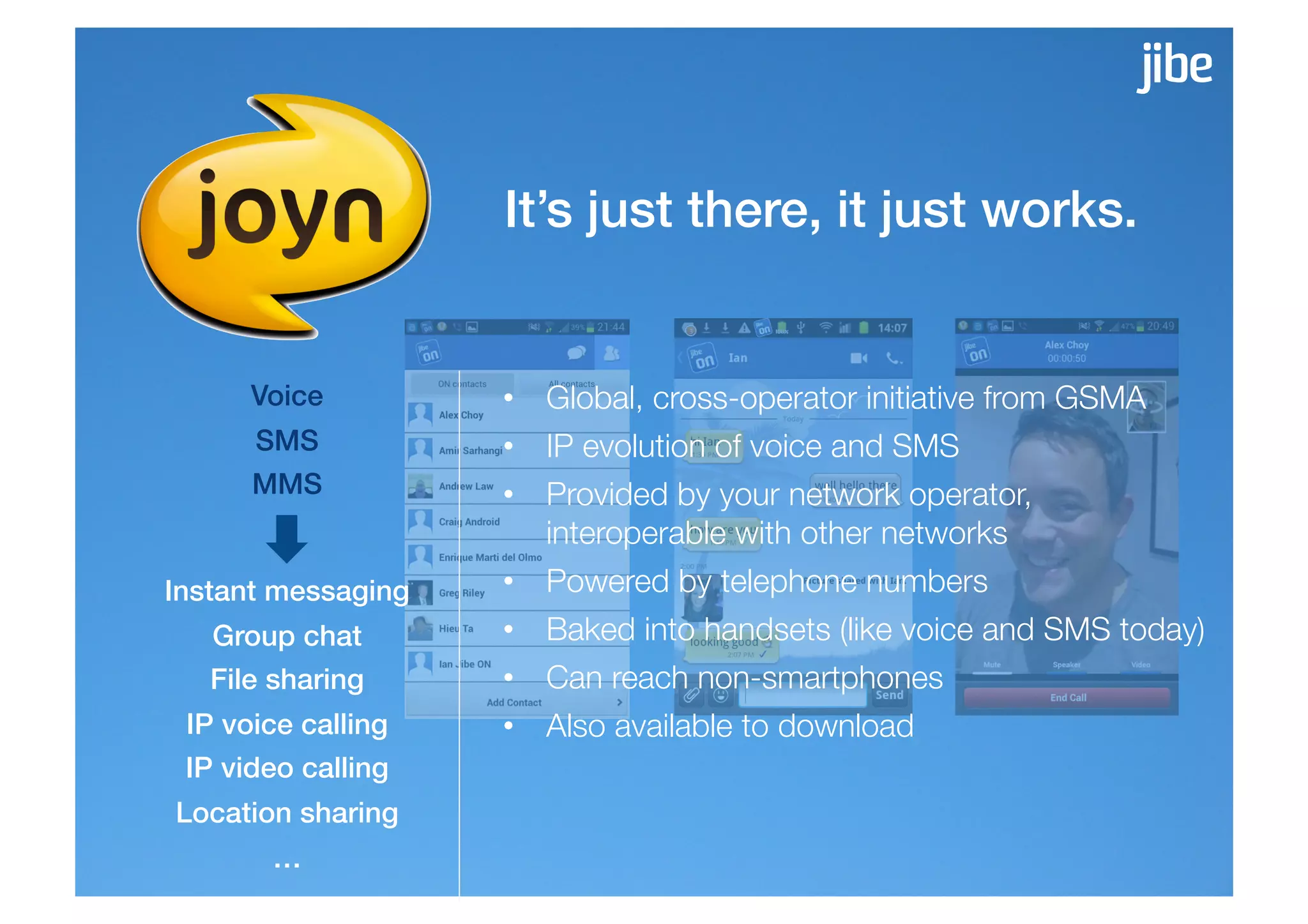 It’s just there, it just works.!


      Voice!         •  Global, cross-operator initiative from GSMA
      SMS!           •  IP evolution of voice and SMS
      MMS!           •  Provided by your network operator, "
                        interoperable with other networks
Instant messaging!   •  Powered by telephone numbers
   Group chat!       •  Baked into handsets (like voice and SMS today)
   File sharing!     •  Can reach non-smartphones
 IP voice calling!   •  Also available to download
 IP video calling!
Location sharing!
        …!
 