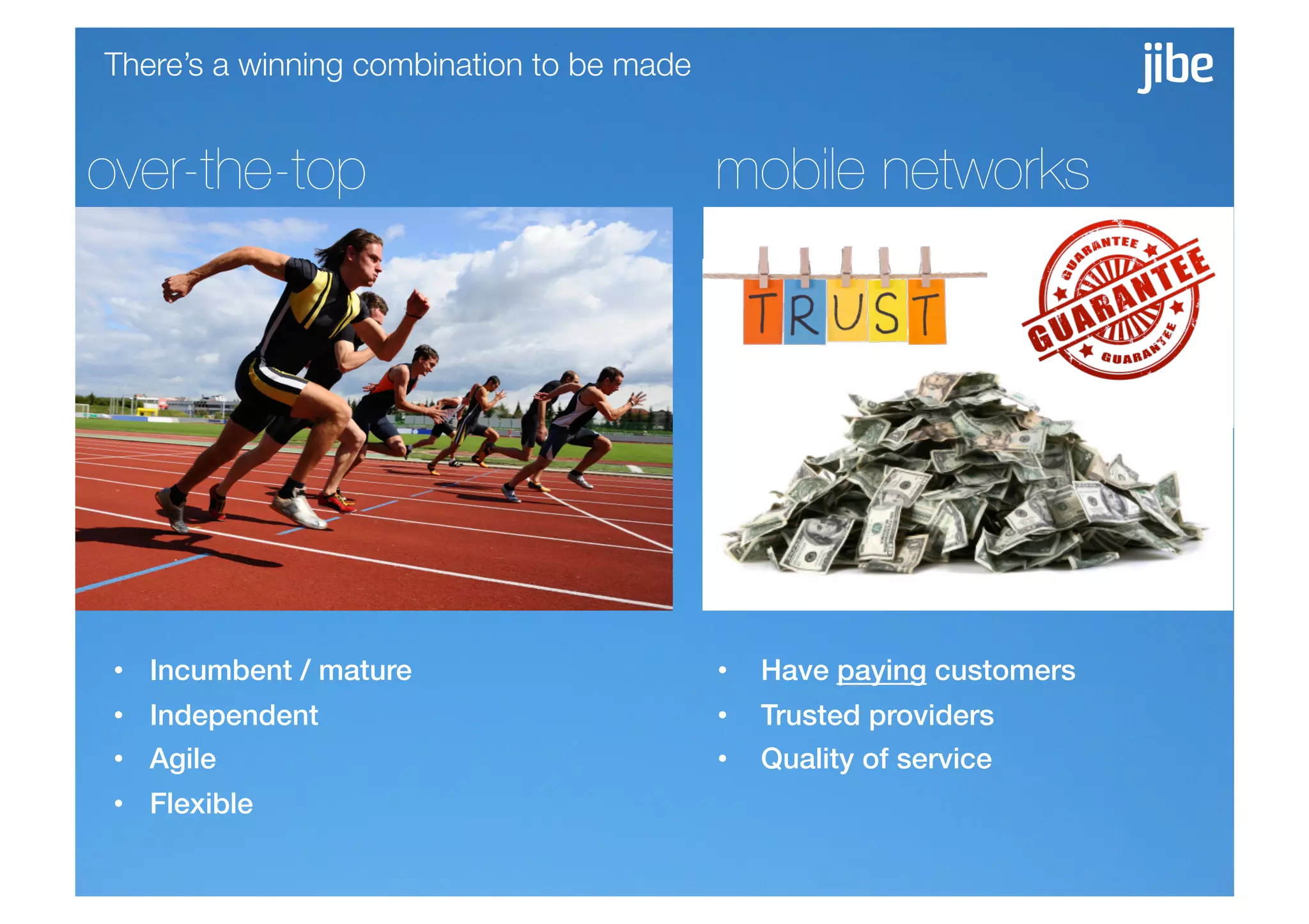 There’s a winning combination to be made


over-the-top
                               mobile networks




 •  Incumbent / mature!                     •    Have paying customers!
 •  Independent!                            •    Trusted providers!
 •  Agile!                                  •    Quality of service!
 •  Flexible!
 