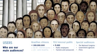 Tarsila do Amaral | Operários (1933)

USERS
Who are our
main audiences?

Brazilian citizens
+ 200.000.ooo

TCU internal public
+ 6.000

± 100 mi - internet access
± 15% - some disability




Public employees
Trainees and outsourced

Special audiences




The National Congress
Government agencies
Press

 