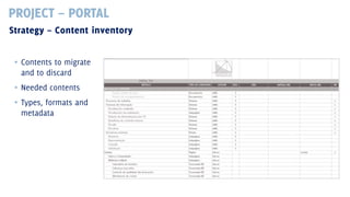 PROJECT – PORTAL
Strategy – Content inventory
▪ Contents to migrate
and to discard
▪ Needed contents
▪ Types, formats and
metadata

 